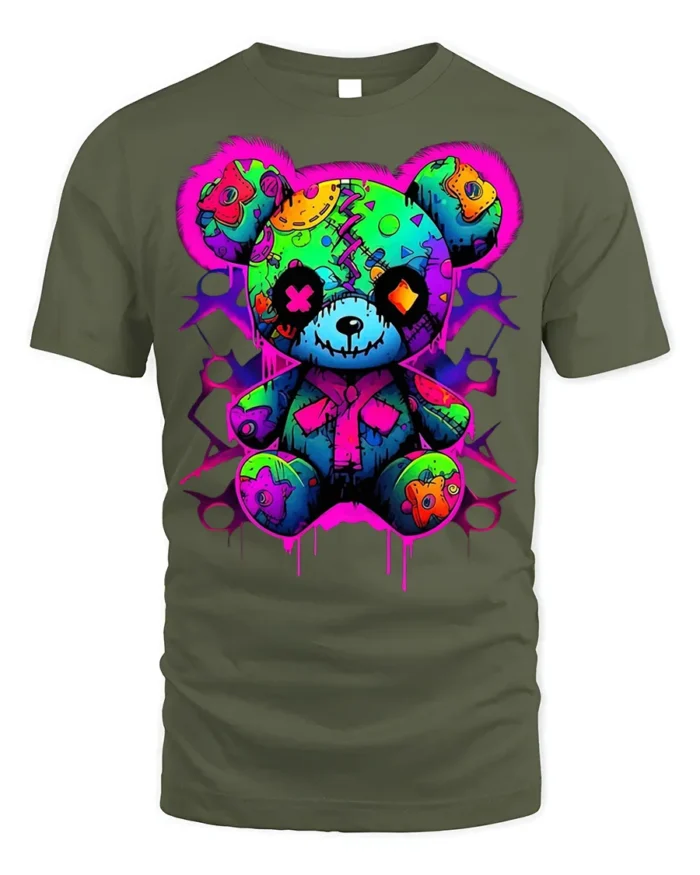 Neon Patchwork Bear T-Shirt for Streetwear Fans - military green t-shirt on white background