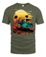 Retro Sunset Van T-Shirt Vintage Travel Vibes Tee - military green t-shirt on white background