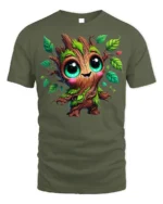 Cute Tree Sprout Character T-Shirt Soft Cotton - military green t-shirt on white background