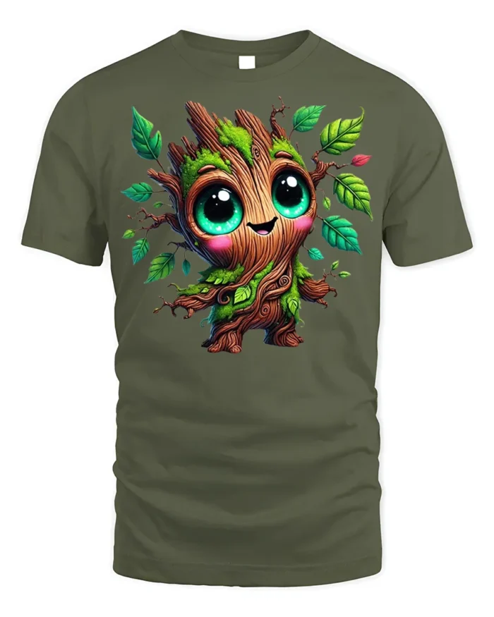 Cute Tree Sprout Character T-Shirt Soft Cotton - military green t-shirt on white background