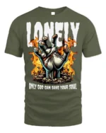 Lonely God Save Your Soul T-Shirt Gothic Flame Art - military green t-shirt on white background