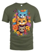 Colorful Floral Cat Trio T-Shirt Soft Cotton Tee - military green t-shirt on white background