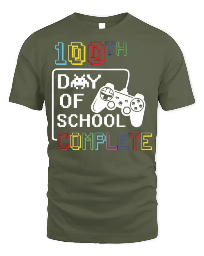 100th Day of School Complete Gamer T-Shirt Kids Fun - military green t-shirt on white background