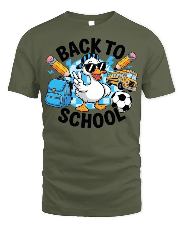 Funny Duck Back to School T-Shirt for Kids Boys Girls - military green t-shirt on white background