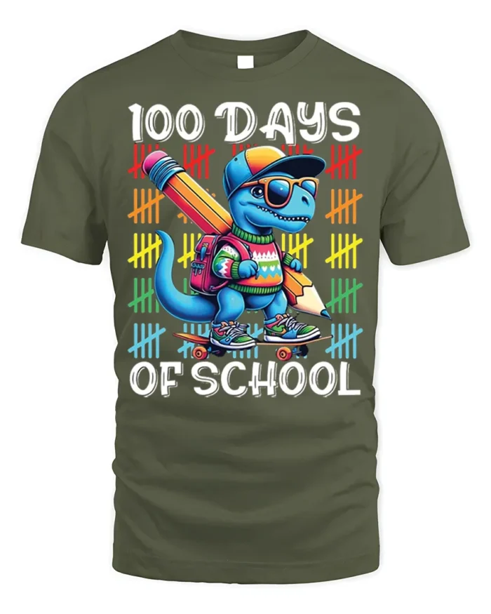 100 Days of School Dinosaur Skateboard T-shirt - military green t-shirt on white background