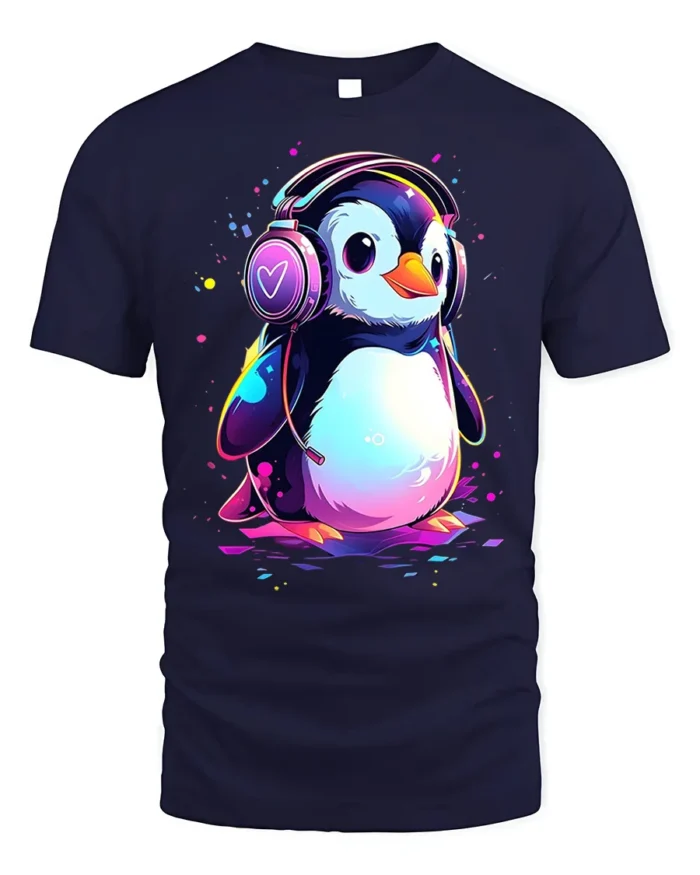 Cute Penguin Headphones Music Lover T-shirt - navy t-shirt on white background
