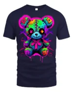 Neon Patchwork Bear T-Shirt for Streetwear Fans - navy t-shirt on white background