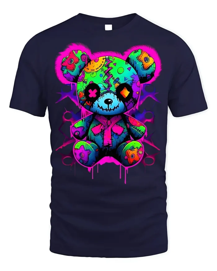 Neon Patchwork Bear T-Shirt for Streetwear Fans - navy t-shirt on white background