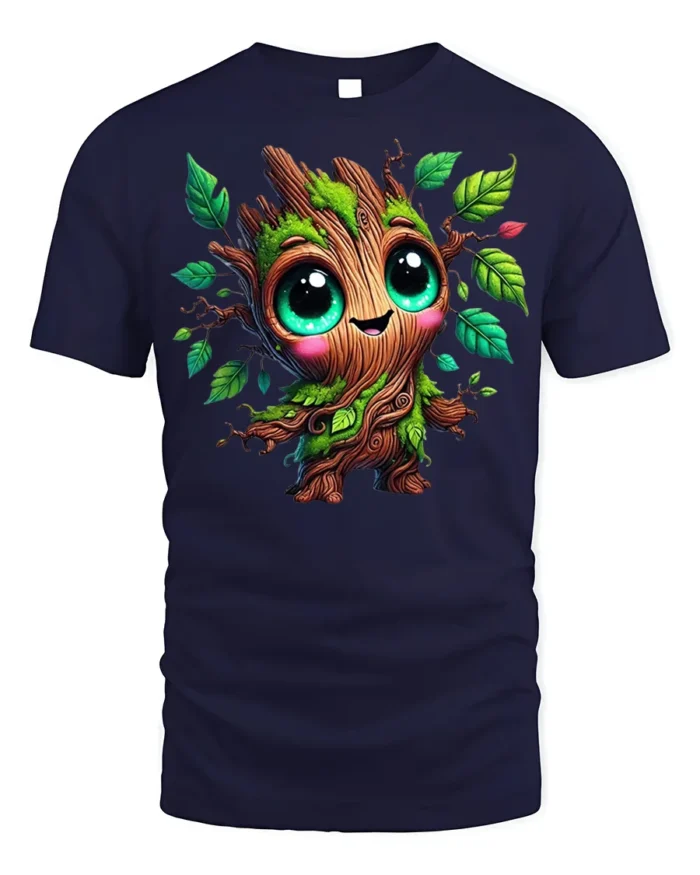 Cute Tree Sprout Character T-Shirt Soft Cotton - navy t-shirt on white background