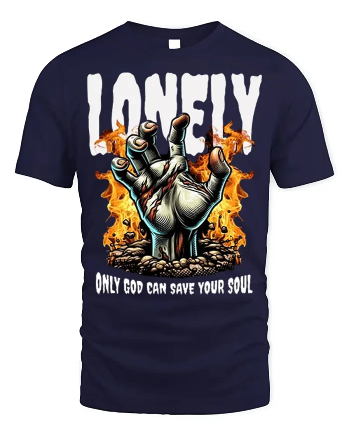 Lonely God Save Your Soul T-Shirt Gothic Flame Art - navy t-shirt on white background