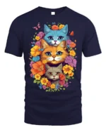 Colorful Floral Cat Trio T-Shirt Soft Cotton Tee - navy t-shirt on white background