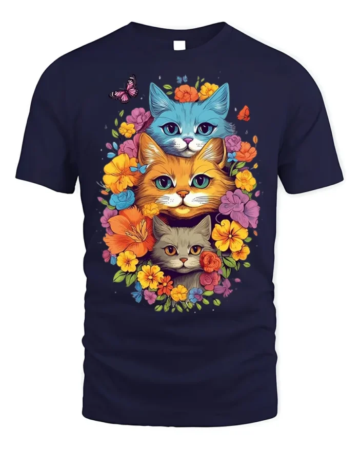 Colorful Floral Cat Trio T-Shirt Soft Cotton Tee - navy t-shirt on white background