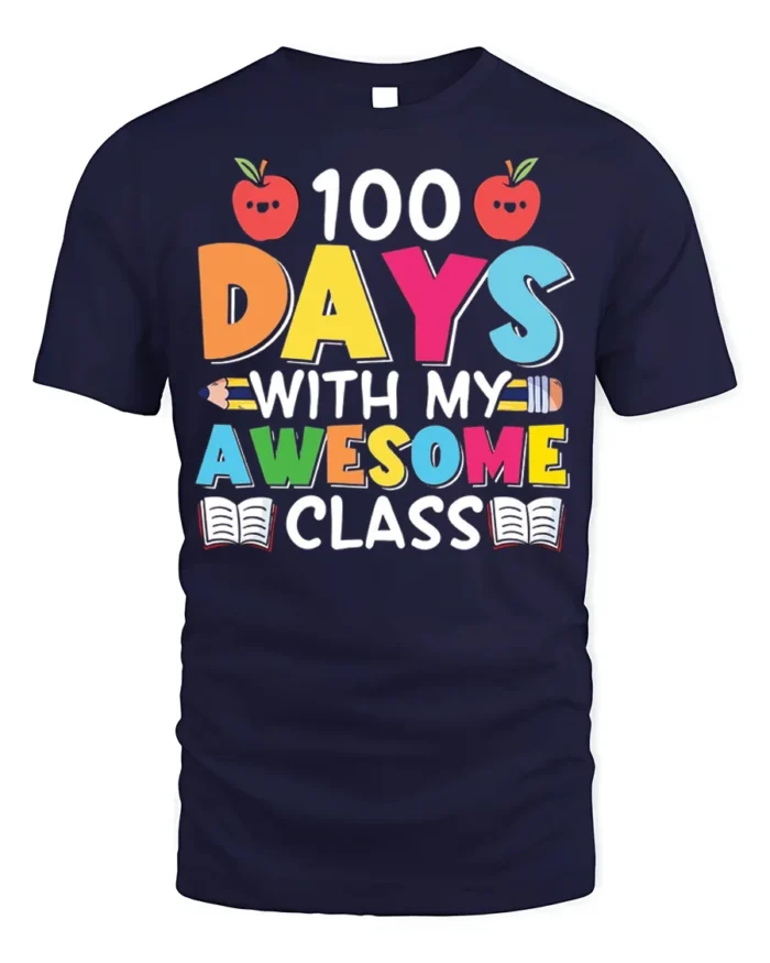 100 Days With My Awesome Class Teacher T-Shirt - navy t-shirt on white background