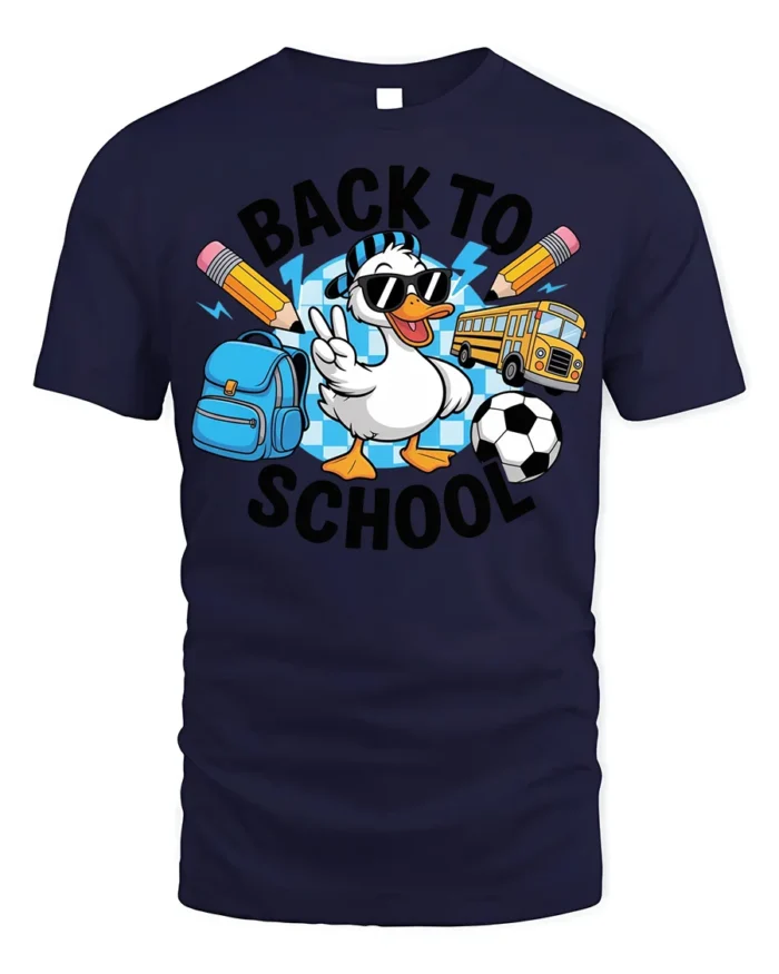 Funny Duck Back to School T-Shirt for Kids Boys Girls - navy t-shirt on white background