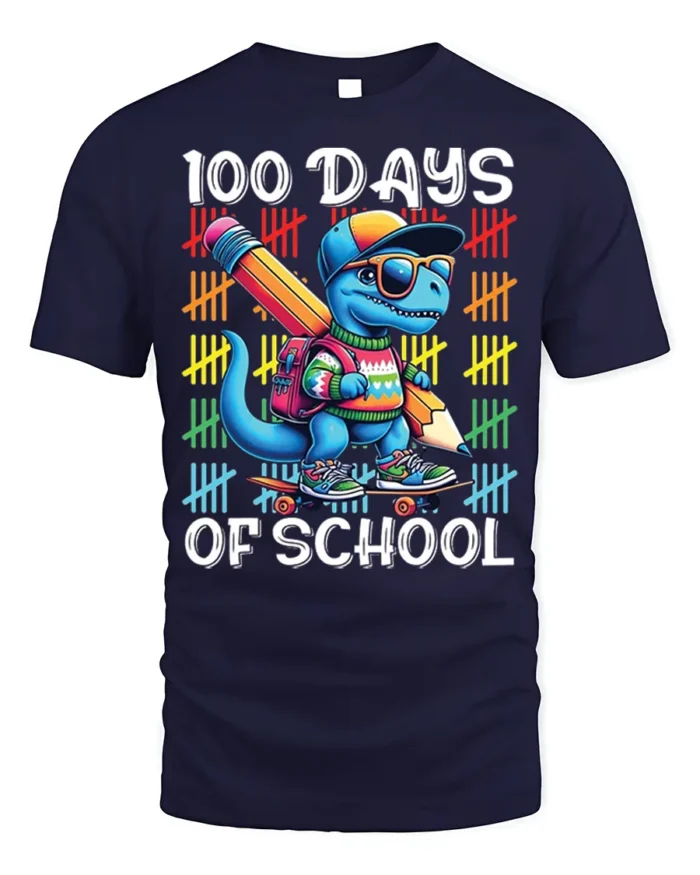 100 Days of School Dinosaur Skateboard T-shirt - navy t-shirt on white background