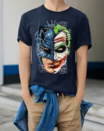 Split Face Batman Joker T-Shirt Hero vs Villain - model wearing navy shirt, hands in pockets