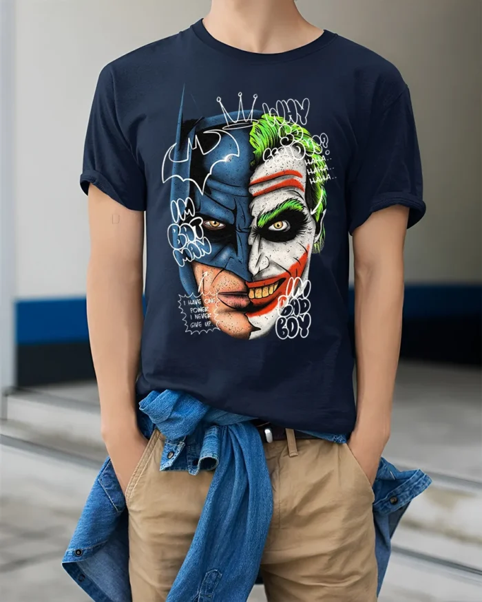 Split Face Batman Joker T-Shirt Hero vs Villain - model wearing navy shirt, hands in pockets
