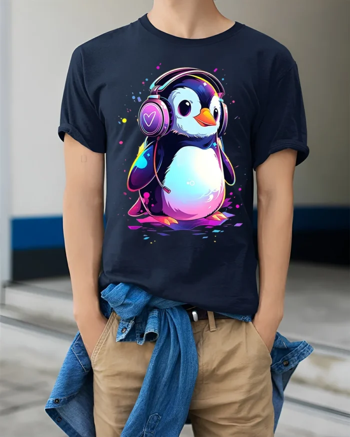 Cute Penguin Headphones Music Lover T-shirt - model wearing navy shirt, hands in pockets
