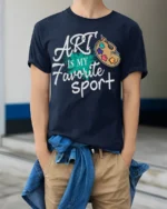 Art Is My Favorite Sport Funny Artist T-Shirt Gift - model wearing navy shirt, hands in pockets