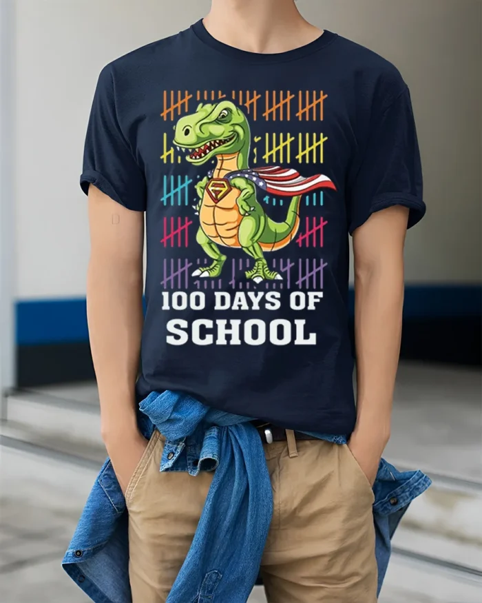 100 Days of School Dinosaur Superhero T-Shirt - model wearing navy shirt, hands in pockets