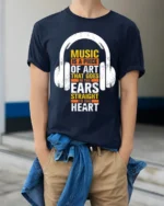 Music Is Art That Hits the Heart T-Shirt for Music Fans - model wearing navy shirt, hands in pockets