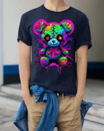 Neon Patchwork Bear T-Shirt for Streetwear Fans - model wearing navy shirt, hands in pockets