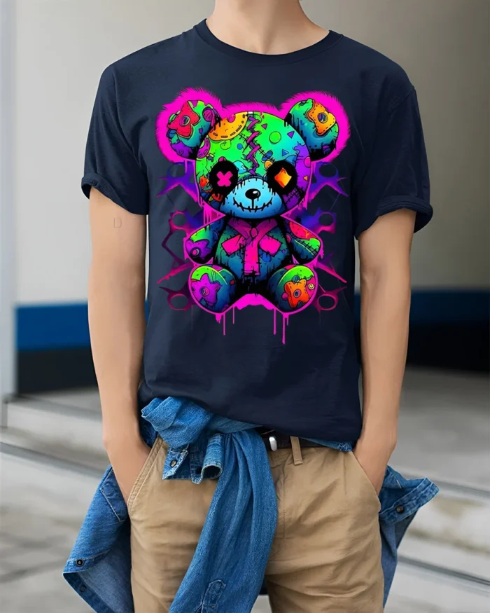 Neon Patchwork Bear T-Shirt for Streetwear Fans - model wearing navy shirt, hands in pockets