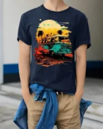 Retro Sunset Van T-Shirt Vintage Travel Vibes Tee - model wearing navy shirt, hands in pockets