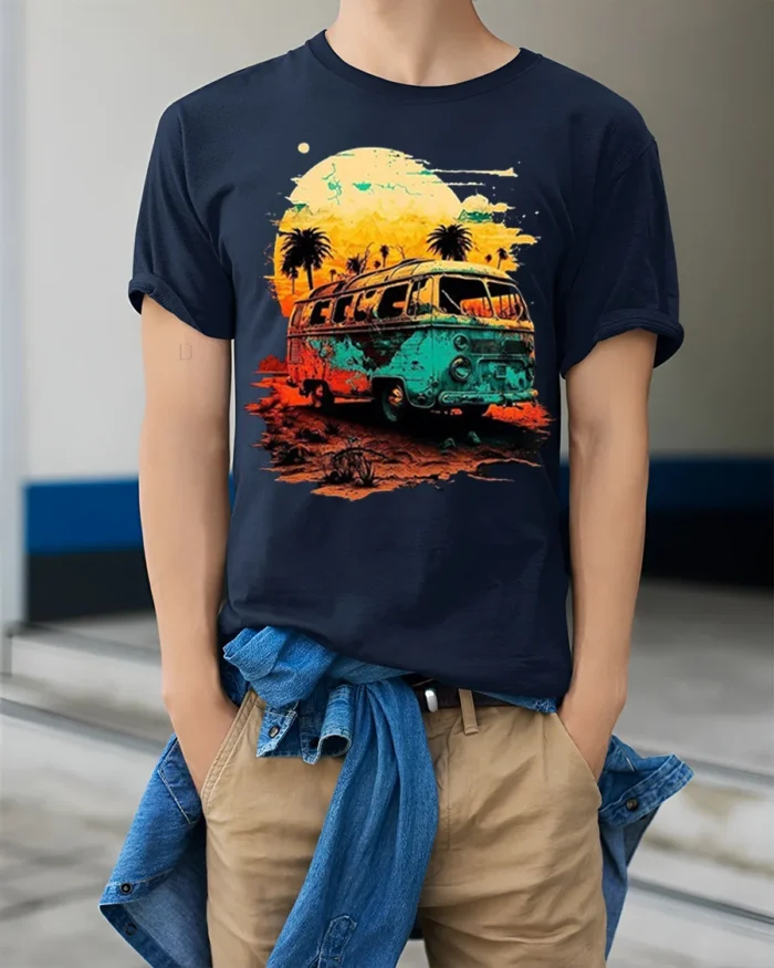 Retro Sunset Van T-Shirt Vintage Travel Vibes Tee - model wearing navy shirt, hands in pockets