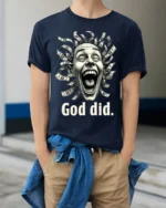 God Did Money Head T-Shirt Funny Graphic Faith - model wearing navy shirt, hands in pockets