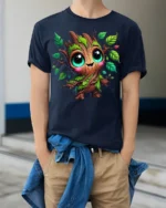 Cute Tree Sprout Character T-Shirt Soft Cotton - model wearing navy shirt, hands in pockets