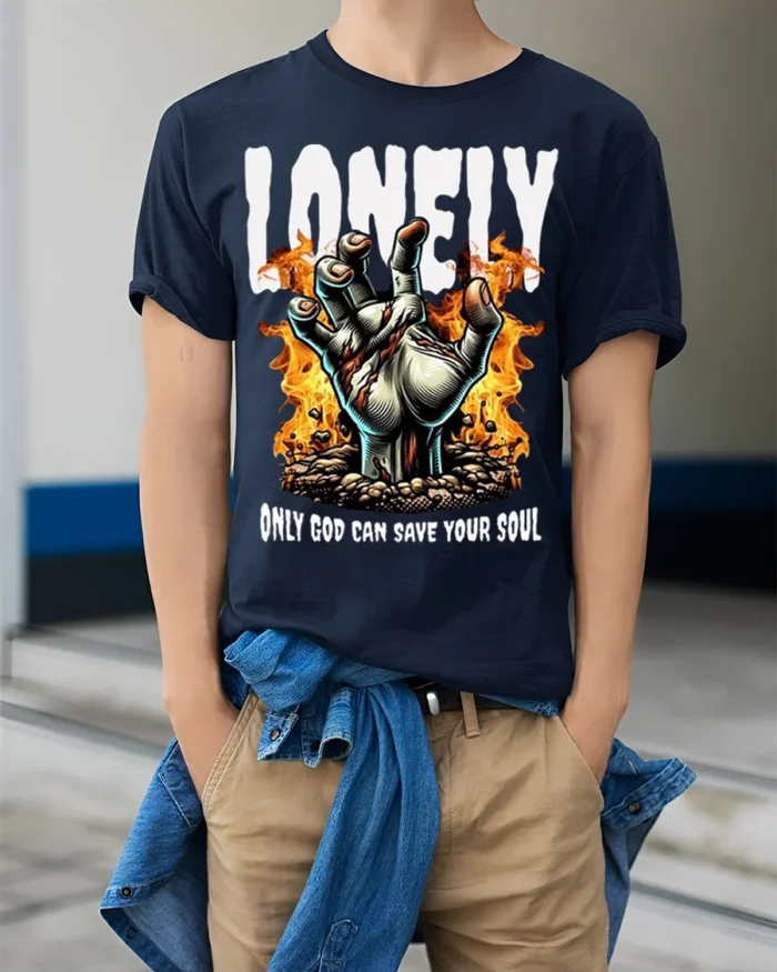 Lonely God Save Your Soul T-Shirt Gothic Flame Art - model wearing navy shirt, hands in pockets