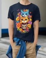Colorful Floral Cat Trio T-Shirt Soft Cotton Tee - model wearing navy shirt, hands in pockets