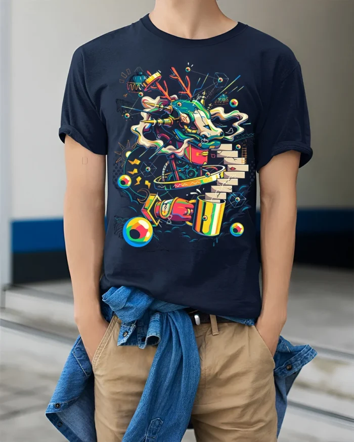 Cyber Dragon Graffiti T-Shirt Futuristic Street Art - model wearing navy shirt, hands in pockets