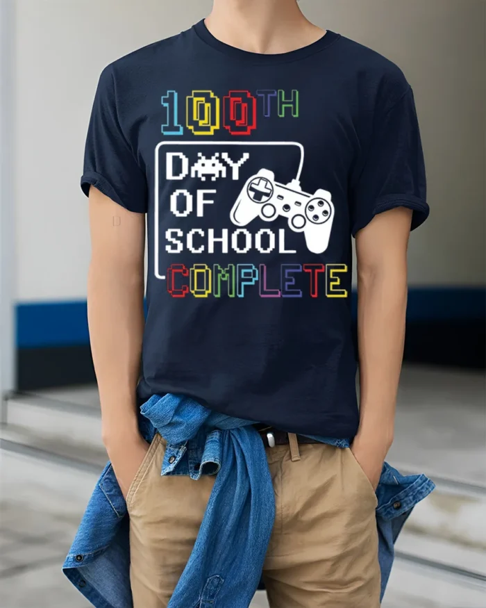 100th Day of School Complete Gamer T-Shirt Kids Fun - model wearing navy shirt, hands in pockets