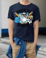 Funny Duck Back to School T-Shirt for Kids Boys Girls - model wearing navy shirt, hands in pockets