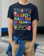 Happy First Day of School Rainbow T-Shirt Gift - model wearing navy shirt, hands in pockets