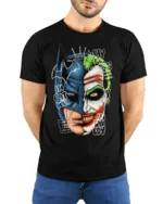 Split Face Batman Joker T-Shirt Hero vs Villain - model wearing black shirt, hands behind back