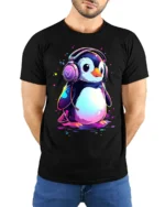 Cute Penguin Headphones Music Lover T-shirt - model wearing black shirt, hands behind back