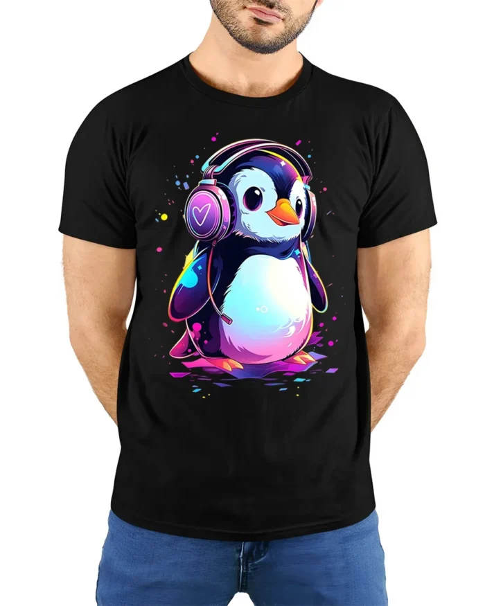 Cute Penguin Headphones Music Lover T-shirt - model wearing black shirt, hands behind back