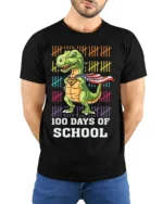 100 Days of School Dinosaur Superhero T-Shirt - model wearing black shirt, hands behind back