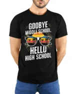 Goodbye Middle School Hello High School T-Shirt - model wearing black shirt, hands behind back