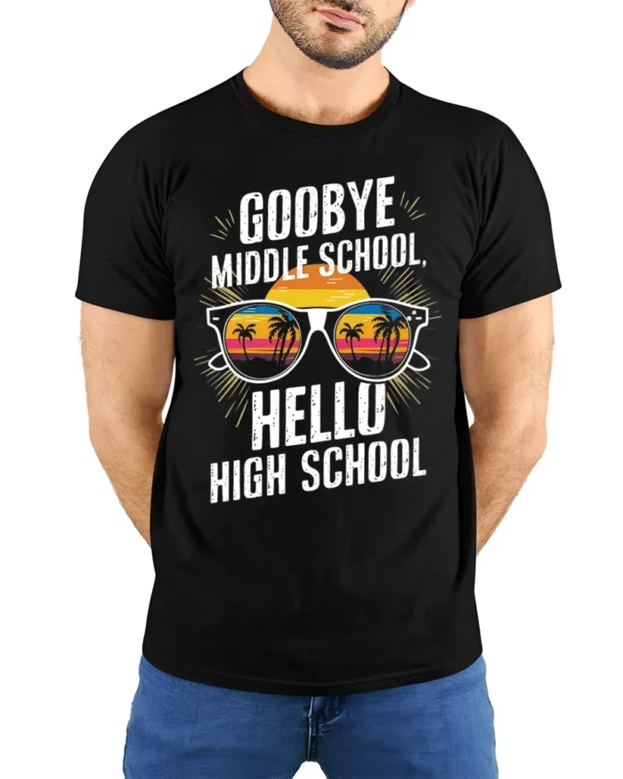 Goodbye Middle School Hello High School T-Shirt - model wearing black shirt, hands behind back