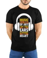 Music Is Art That Hits the Heart T-Shirt for Music Fans - model wearing black shirt, hands behind back