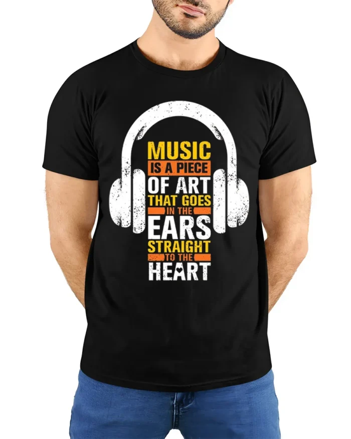 Music Is Art That Hits the Heart T-Shirt for Music Fans - model wearing black shirt, hands behind back