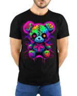 Neon Patchwork Bear T-Shirt for Streetwear Fans - model wearing black shirt, hands behind back