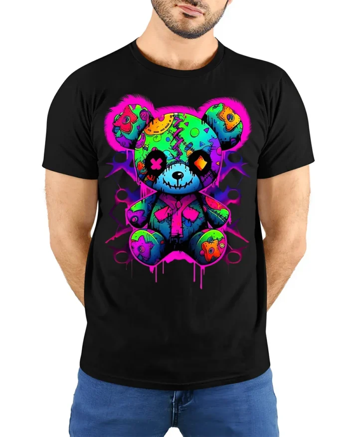 Neon Patchwork Bear T-Shirt for Streetwear Fans - model wearing black shirt, hands behind back