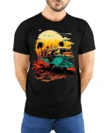 Retro Sunset Van T-Shirt Vintage Travel Vibes Tee - model wearing black shirt, hands behind back
