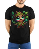 Cute Tree Sprout Character T-Shirt Soft Cotton - model wearing black shirt, hands behind back