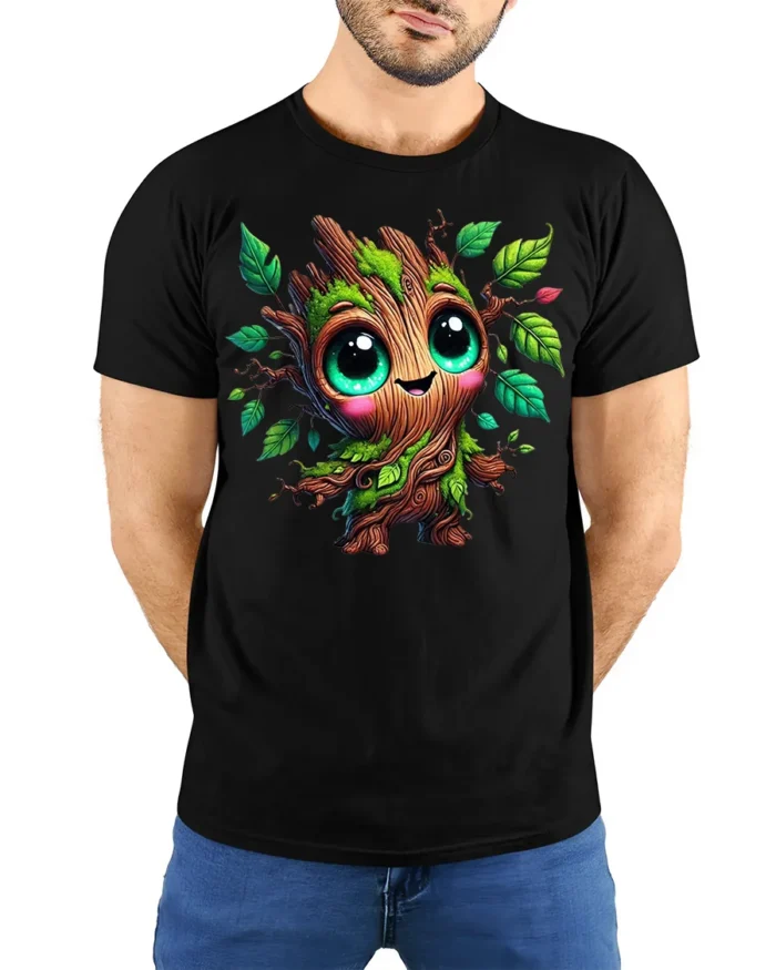 Cute Tree Sprout Character T-Shirt Soft Cotton - model wearing black shirt, hands behind back
